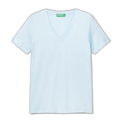 Benetton Hemelblauw Katoenen T-shirt Met V-Hals Benetton Hemelblauw Katoenen T-shirt Met V-Hals
