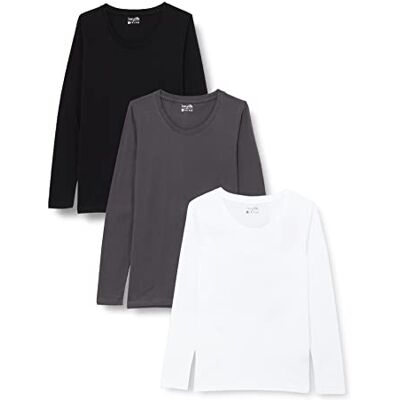 Berydale Dames Shirt met lange mouwen en ronde hals, gemaakt van 100% katoen, Wit/forged iron/zwart, set van 3, XS Berydale Dames Shirt met lange mouwen en ronde hals, gemaakt van 100% katoen, Wit/forged iron/zwart, set van 3, XS