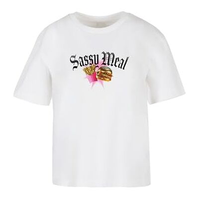 Dames T-shirt Sassy Meal Tee, casual T-shirt met print op de voorkant, oversized fit, maten XS 5XL, wit, 4XL Dames T-shirt Sassy Meal Tee, casual T-shirt met print op de voorkant, oversized fit, maten XS 5XL, wit, 4XL