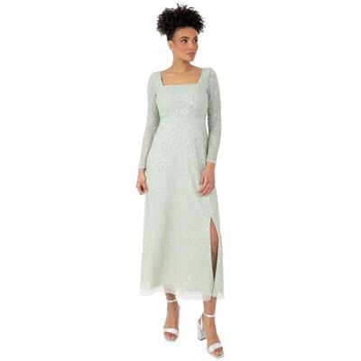 Maya Deluxe Midaxi jurk voor dames, lange mouwen, vierkante hals, pailletten, gesplitst, Empire, taille, A-lijn, bruiloft, gast, mintgroen, 36, Mint Groen, 34 Maya Deluxe Midaxi jurk voor dames, lange mouwen, vierkante hals, pailletten, gesplitst, Empire, taille, A-lijn, bruiloft, gast, mintgroen, 36, Mint Groen, 34