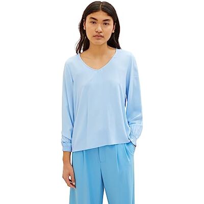 Tom Tailor Denim Basic damesblouse met V-hals en ruches, 11139-soft Charming Blue, XL Tom Tailor Denim Basic damesblouse met V-hals en ruches, 11139-soft Charming Blue, XL