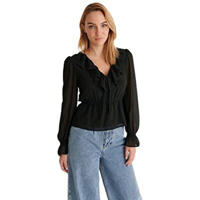 NA-KD Chiffon blouse met ruches aan V-hals, Zwart, 32 NA-KD Chiffon blouse met ruches aan V-hals, Zwart, 32
