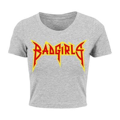 Dames T-shirt Badgirls Cropped Tee, buikvrij T-shirt voor vrouwen, T-shirt met print op de voorkant, katoen, maten XS 5XL, grijs, S Dames T-shirt Badgirls Cropped Tee, buikvrij T-shirt voor vrouwen, T-shirt met print op de voorkant, katoen, maten XS 5XL, grijs, S