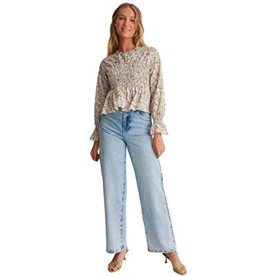 NA-KD Gesmokte Peplum-blouse voor dames, Roze Bloem, 60 NA-KD Gesmokte Peplum-blouse voor dames, Roze Bloem, 60