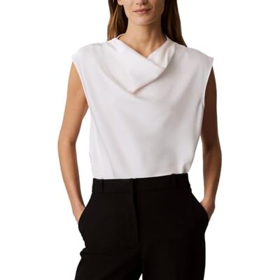 Calvin Klein Damesblouse van satijn met watervalhals, zeezout, S Calvin Klein Damesblouse van satijn met watervalhals, zeezout, S