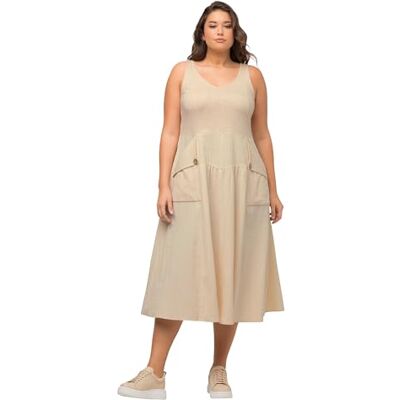Ulla Popken Damesjurk met bandjes in materiaalmix jurk, beige, 50/52 NL Ulla Popken Damesjurk met bandjes in materiaalmix jurk, beige, 50/52 NL