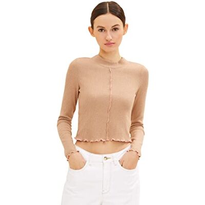 Tom Tailor Denim Dames Shirt met lange mouwen met vouwdetail 1034259, 30876 Cinnamon Brown Melange, XL Tom Tailor Denim Dames Shirt met lange mouwen met vouwdetail 1034259, 30876 Cinnamon Brown Melange, XL