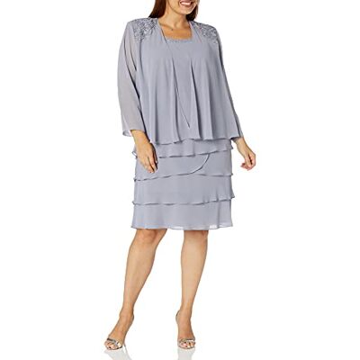 S.L. Fashions Women's Plus Mother of The Bride Tiered Jacket Dress with Shoulder Embellishment, Concrete, 16 S.L. Fashions Women's Plus Mother of The Bride Tiered Jacket Dress with Shoulder Embellishment, Concrete, 16
