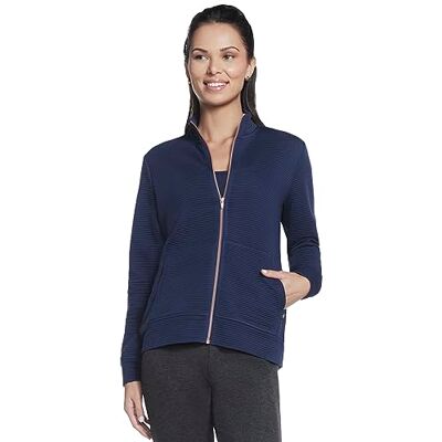 Skechers Dames Mock Neck Jacket met Rose Gold Zip Sweatshirts, blauw, S Skechers Dames Mock Neck Jacket met Rose Gold Zip Sweatshirts, blauw, S