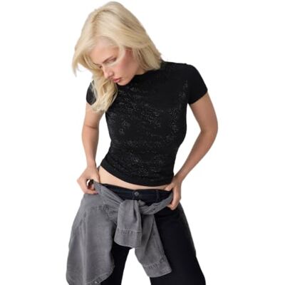 GUESS Short Sleeve Mock Neck All Over 4g Tee dames T-shirt met korte mouwen en rolkraag, 4 g GUESS Short Sleeve Mock Neck All Over 4g Tee dames T-shirt met korte mouwen en rolkraag, 4 g
