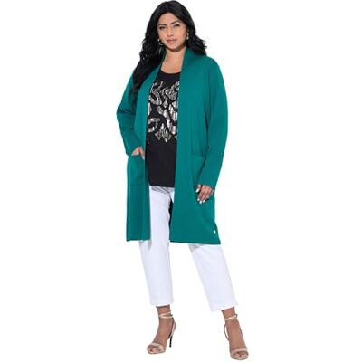 Ulla Popken gebreide jas voor dames, grote maten, plussize, lange, open vorm, zacht, fijn gebreid, groenblauw, 54-56 Ulla Popken gebreide jas voor dames, grote maten, plussize, lange, open vorm, zacht, fijn gebreid, groenblauw, 54-56