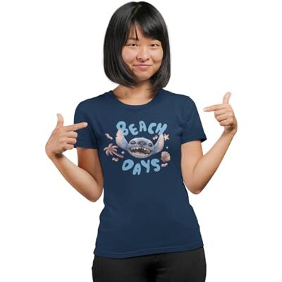 Disney Stitch "Beach Days" Dames T-shirt Playful Graphic Tee with Seashells, Palm Icons & Smiling Alien Character Coastal Summer Fun Style, Marine., M Disney Stitch "Beach Days" Dames T-shirt Playful Graphic Tee with Seashells, Palm Icons & Smiling Alien Character Coastal Summer Fun Style, Marine., M