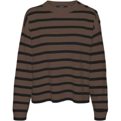 VERO MODA Dames Vmsaba Ls O-hals Button Pullover Ga Noos gebreide trui, Pinecone/Stripes: zwart, L VERO MODA Dames Vmsaba Ls O-hals Button Pullover Ga Noos gebreide trui, Pinecone/Stripes: zwart, L