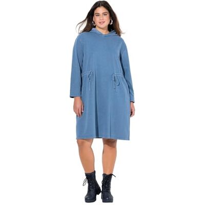 Ulla Popken Damesjurk met capuchon, A-lijn, sweat, capuchon, plooien, lange mouwen, blauw, 62-64 Ulla Popken Damesjurk met capuchon, A-lijn, sweat, capuchon, plooien, lange mouwen, blauw, 62-64