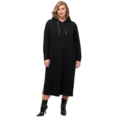 Ulla Popken Dameskleding Plus Size Curvy Hooded Statement Tie Stretch Sweatshirt Jurk 816119, Zwart, 24-26 Ulla Popken Dameskleding Plus Size Curvy Hooded Statement Tie Stretch Sweatshirt Jurk 816119, Zwart, 24-26