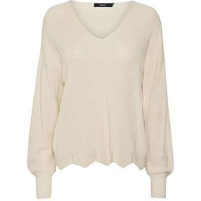 VERO MODA Vmnewlexsun Scallop Ls V-hals Pull Ga Pullover voor dames, berk, S VERO MODA Vmnewlexsun Scallop Ls V-hals Pull Ga Pullover voor dames, berk, S