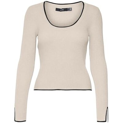 VERO MODA Dames Vmjoan Ls U-hals korte trui Boo gebreide trui, Birch/Detail: w. Black Contrast, M VERO MODA Dames Vmjoan Ls U-hals korte trui Boo gebreide trui, Birch/Detail: w. Black Contrast, M