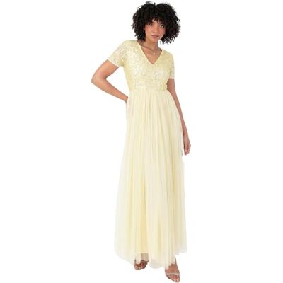 Maya Deluxe Damesjurk voor bruiloftsgast, grote maten, Empire hoge taille, pailletten, korte mouwen, avondbruidsmeisje, Citroen, 34 Maya Deluxe Damesjurk voor bruiloftsgast, grote maten, Empire hoge taille, pailletten, korte mouwen, avondbruidsmeisje, Citroen, 34