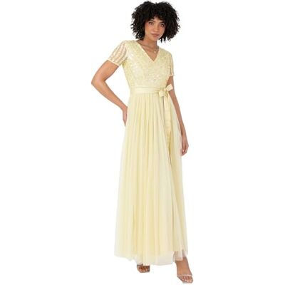 Maya Deluxe Maxi-jurk voor dames dames vlechtmeisje V-hals baljurk korte mouwen lange elegante empire-taille met riem citroen maat 6, Citroen, 32 Maya Deluxe Maxi-jurk voor dames dames vlechtmeisje V-hals baljurk korte mouwen lange elegante empire-taille met riem citroen maat 6, Citroen, 32