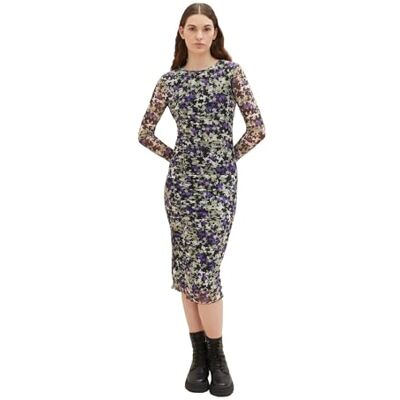 Tom Tailor Denim Damesjurk van mesh met patroon en plooien, 32418 Lilac Green Flower Print, XL Tom Tailor Denim Damesjurk van mesh met patroon en plooien, 32418 Lilac Green Flower Print, XL