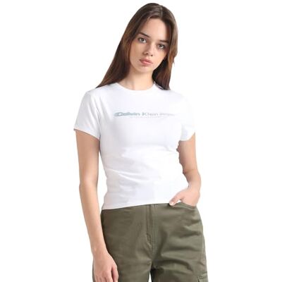 Calvin Jeans Dames Slogan Getailleerde Tee S/S T-shirts, Helder Wit, L Calvin Jeans Dames Slogan Getailleerde Tee S/S T-shirts, Helder Wit, L