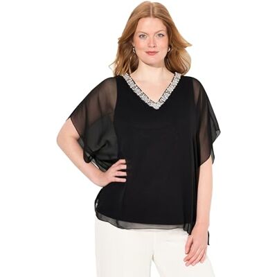 Ulla Popken Damesblouse van chiffon, versierd, zwart, 50-52 Ulla Popken Damesblouse van chiffon, versierd, zwart, 50-52