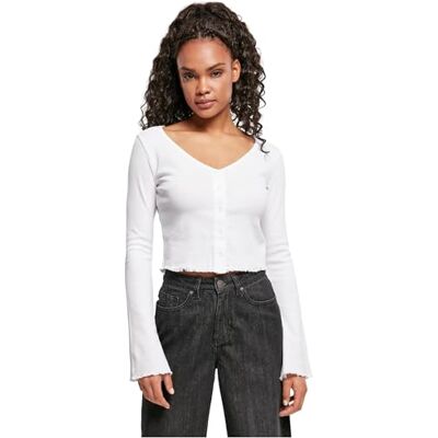 Urban Classics Dames cardigan top lange mouwen, kort jasje bovendeel met rolzoom, geribbeld gebreid vest met brede V-hals, maat XS tot 5XL, wit, M Urban Classics Dames cardigan top lange mouwen, kort jasje bovendeel met rolzoom, geribbeld gebreid vest met brede V-hals, maat XS tot 5XL, wit, M