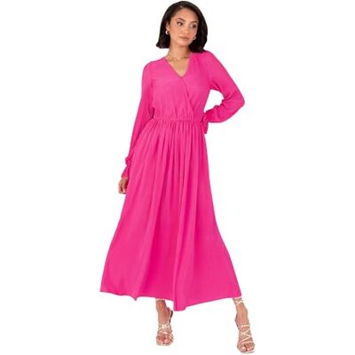 Lovedrobe Midaxi damesjurk, wrap V-hals, lange mouwen, ruffle manchet, A-lijn, plissé, evenement, bruiloft, gastjurk, Fuchsia pink., 38 Lovedrobe Midaxi damesjurk, wrap V-hals, lange mouwen, ruffle manchet, A-lijn, plissé, evenement, bruiloft, gastjurk, Fuchsia pink., 38