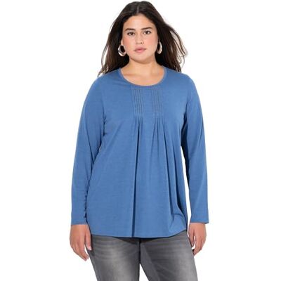 Ulla Popken Dames grote maten plus size shirt, plooien, parels, A-lijn, lange mouwen, denimblauw, 42-44 Ulla Popken Dames grote maten plus size shirt, plooien, parels, A-lijn, lange mouwen, denimblauw, 42-44