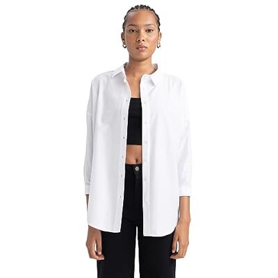 DeFacto Oversized shirt voor dames, lange mouwen, comfortabele tops voor dames, casual shirt met lange mouwen, wit, S DeFacto Oversized shirt voor dames, lange mouwen, comfortabele tops voor dames, casual shirt met lange mouwen, wit, S