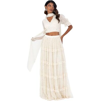 Maya Deluxe Dames Indiase traditionele jurk outfit Lengha Choli Lehenga Saree rok en top Dupatta Coord Set voor bruiloftsgast, Crème Zilver, 6 Maya Deluxe Dames Indiase traditionele jurk outfit Lengha Choli Lehenga Saree rok en top Dupatta Coord Set voor bruiloftsgast, Crème Zilver, 6