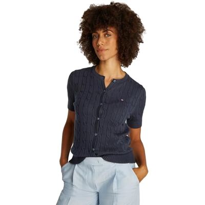 Tommy Hilfiger Dames CO KABEL MID GG SS C-NK CARDI WW0WW45211, Blauw, M, Blauw (Donker Nacht Marine), M Tommy Hilfiger Dames CO KABEL MID GG SS C-NK CARDI WW0WW45211, Blauw, M, Blauw (Donker Nacht Marine), M