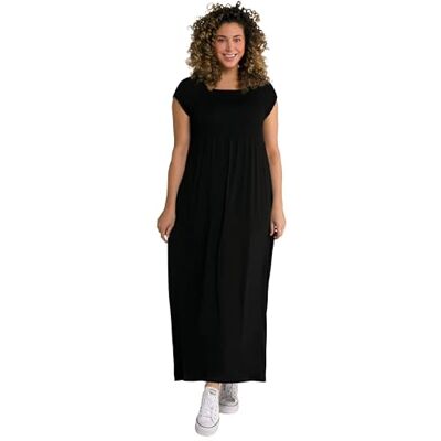 Ulla Popken Dames grote maten smoked jurk uitlopende pasvorm vierkante hals, korte mouwen 807665, Zwart, 52/54 NL Ulla Popken Dames grote maten smoked jurk uitlopende pasvorm vierkante hals, korte mouwen 807665, Zwart, 52/54 NL