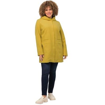 Ulla Popken , Dames, grote maten, curly wollen jas met capuchon, geel Ulla Popken , Dames, grote maten, curly wollen jas met capuchon, geel
