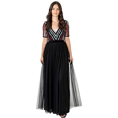 Maya Deluxe Maxi-jurk voor dames, baljurk voor dames, lange V-hals, Empire-taille, korte mouwen, gala, mesh, zwart, formeel, Zwart, 36 Maya Deluxe Maxi-jurk voor dames, baljurk voor dames, lange V-hals, Empire-taille, korte mouwen, gala, mesh, zwart, formeel, Zwart, 36