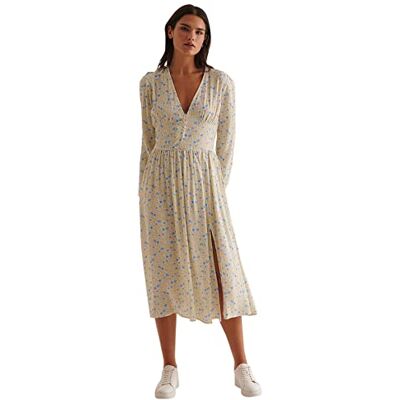 NA-KD Midi-jurk met split aan de zijkant voor dames, casual, Gele Bloem, 42 NA-KD Midi-jurk met split aan de zijkant voor dames, casual, Gele Bloem, 42