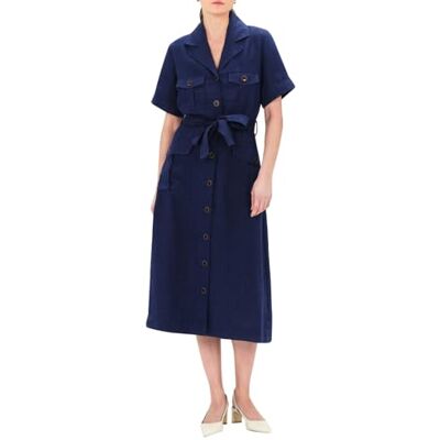 Caroll Jurk 100% linnen midi-lengte, 3/4 korte mouwen A-lijn, Blauw, 34 Caroll Jurk 100% linnen midi-lengte, 3/4 korte mouwen A-lijn, Blauw, 34