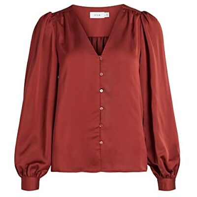 VILA Dames Viellette V-hals L/S Shirt/Su-Noos Blouse, Fired Brick, 34 VILA Dames Viellette V-hals L/S Shirt/Su-Noos Blouse, Fired Brick, 34