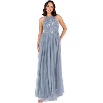 Maya Deluxe Dames maxi-jurk halternek mouwloos bloemen pailletten versierde tule A-lijn bruid galabal gala, poederblauw, maat 34, Blauw (Dusty Blue), 32 Maya Deluxe Dames maxi-jurk halternek mouwloos bloemen pailletten versierde tule A-lijn bruid galabal gala, poederblauw, maat 34, Blauw (Dusty Blue), 32