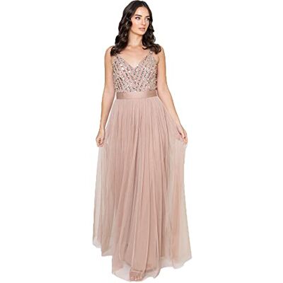 Maya Deluxe Maxi-jurk voor dames, lange lengte, bruiloftsgast, bruidsmeisje, gala, zomer, avondjurk, V-hals, bandjes, vlinderdas, Taupe Blush, 34 Maya Deluxe Maxi-jurk voor dames, lange lengte, bruiloftsgast, bruidsmeisje, gala, zomer, avondjurk, V-hals, bandjes, vlinderdas, Taupe Blush, 34