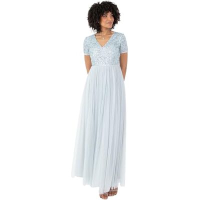 Maya Deluxe Damesjurk voor bruiloftsgast, grote maten, Empire hoge taille, pailletten, korte mouwen, avondbruidsmeisje, IJsblauw, 32 Maya Deluxe Damesjurk voor bruiloftsgast, grote maten, Empire hoge taille, pailletten, korte mouwen, avondbruidsmeisje, IJsblauw, 32