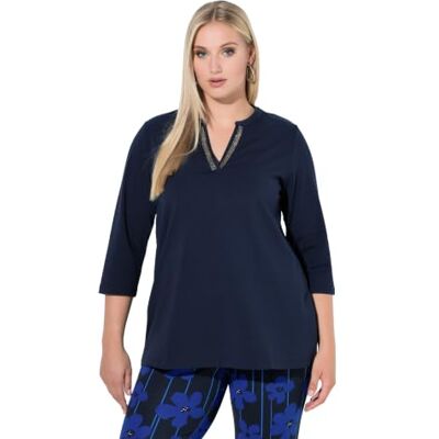 Ulla Popken Dames grote maten grote maten plus size longshirt, A-lijn, tuniekhals, 3/4-mouw 837738, marineblauw, 58-60 Ulla Popken Dames grote maten grote maten plus size longshirt, A-lijn, tuniekhals, 3/4-mouw 837738, marineblauw, 58-60
