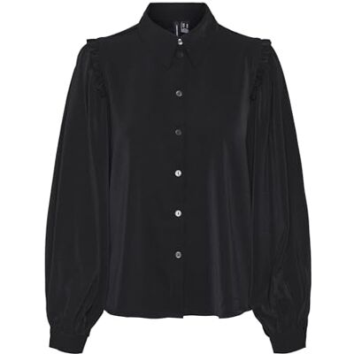 VERO MODA VMANI LS Frill Shirt WVN GA NOOS, zwart, S VERO MODA VMANI LS Frill Shirt WVN GA NOOS, zwart, S