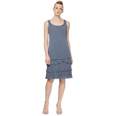 S.L. Fashions Women's Mother of The Bride Tiered Jacket Dress with Shoulder Embellishment, Steel, 12 Petite S.L. Fashions Women's Mother of The Bride Tiered Jacket Dress with Shoulder Embellishment, Steel, 12 Petite