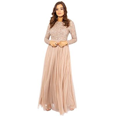 Maya Deluxe Maya verfraaid lange mouw maxi jurk bruidsmeisje taupe blush, Taupe Blush, 36 Maya Deluxe Maya verfraaid lange mouw maxi jurk bruidsmeisje taupe blush, Taupe Blush, 36