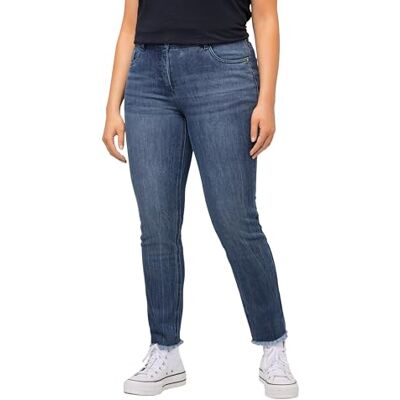 Ulla Popken Dames Sarah, letterprint, hoge taille, smal, jeans met franjes, blauw denim, 44 Ulla Popken Dames Sarah, letterprint, hoge taille, smal, jeans met franjes, blauw denim, 44