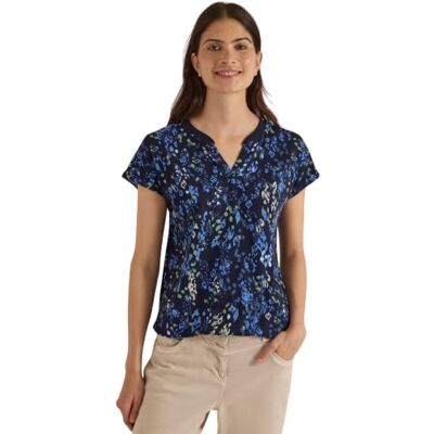Cecil T-shirt met split hals en print urban donkerblauw L Cecil T-shirt met split hals en print urban donkerblauw L