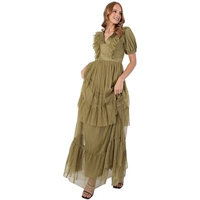 Anaya with Love Maxi-jurk voor dames ruches V-hals korte pofmouwen gelaagde ruches terug sleutelgat hoge Empire taille kaki, Olijf, 42 Anaya with Love Maxi-jurk voor dames ruches V-hals korte pofmouwen gelaagde ruches terug sleutelgat hoge Empire taille kaki, Olijf, 42