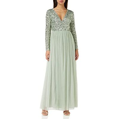 Maya Deluxe Damesjurk voor bruiloften, V-hals, hoge taille, maxi-jurk, lange avondjurk, bruidsmeisjesjurk, groen, Lily, 40 Maya Deluxe Damesjurk voor bruiloften, V-hals, hoge taille, maxi-jurk, lange avondjurk, bruidsmeisjesjurk, groen, Lily, 40
