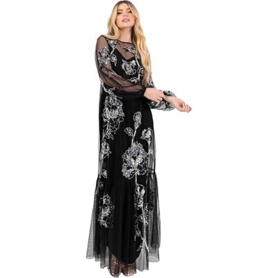 Maya Deluxe Maxi-jurk voor dames, lange mouwen, boothals, tule, bloemenpatroon, pailletten, verfraaid, trapezium, evening, bal, jurk voor dames, Zwart, 42 Maya Deluxe Maxi-jurk voor dames, lange mouwen, boothals, tule, bloemenpatroon, pailletten, verfraaid, trapezium, evening, bal, jurk voor dames, Zwart, 42